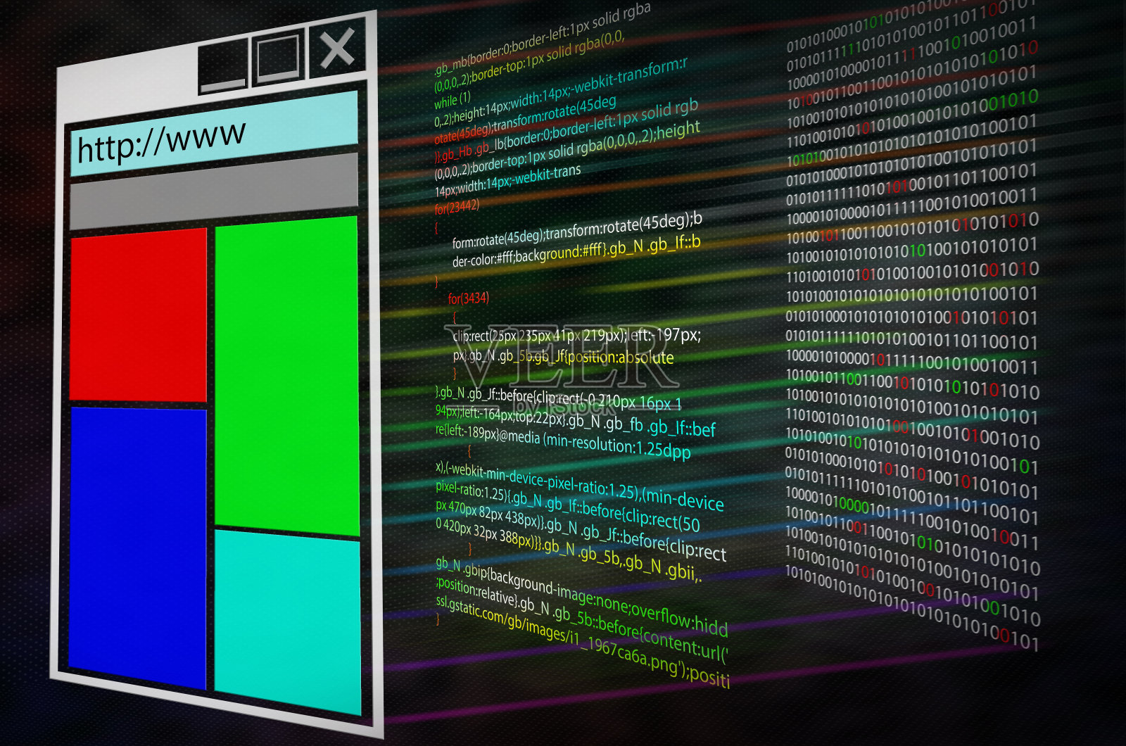 監視器屏幕上的程序源代碼。三層。外殼網頁或程序計算機代碼和二進制代碼照片攝影