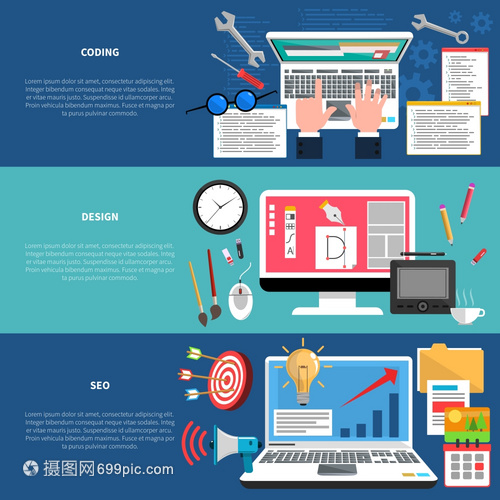 網(wǎng)頁(yè)開發(fā)水平橫幅編碼SEO元素隔離矢量插圖網(wǎng)頁(yè)開發(fā)橫幅